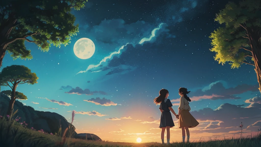 Ghibli style anime woman、nature、Ghibli-style illustrations、night