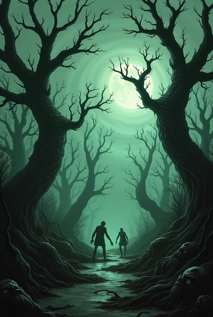 Create a dark, unsettling forest scene. The forest should have twisted, gnarled trees with branches that appear to be reaching out menacingly. The ground is covered in thick, dark sludge with a sickly green glow. Add grotesque, malformed creatures with bulging eyes and twisted limbs crawling among the rotting leaves and broken branches. The sky is a swirling, sickly gray, casting an eerie light over the entire scene. Ensure the atmosphere is thick with an overpowering sense of decay and foreboding.