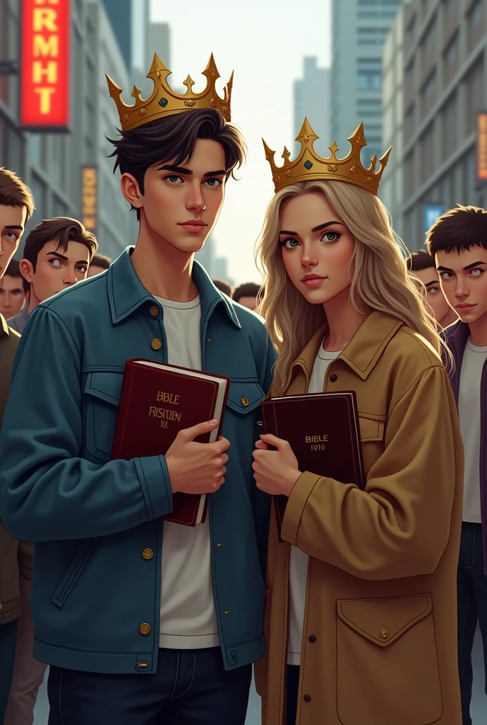 Modern young man hugging a bible to his chest and with a crown on his head being watched by evil young people in front of a modern young woman hugging a bible and with a crown on her head being watched by evil young people.