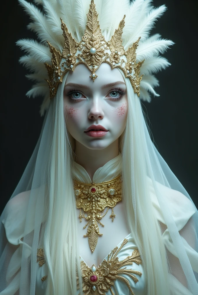 Drawing style like a dark fantasy, Bad-faced woman with small, slanted, almost red pink eyes but with totally albino white hair and eyelashes with skin as pale as snow, She wears a white mesh in the middle of her face that covers her face a little and a feather headdress on top of her hair., elegant white clothes like a duchess, clothes full of gold accessories. His expression is almost always arrogant. 