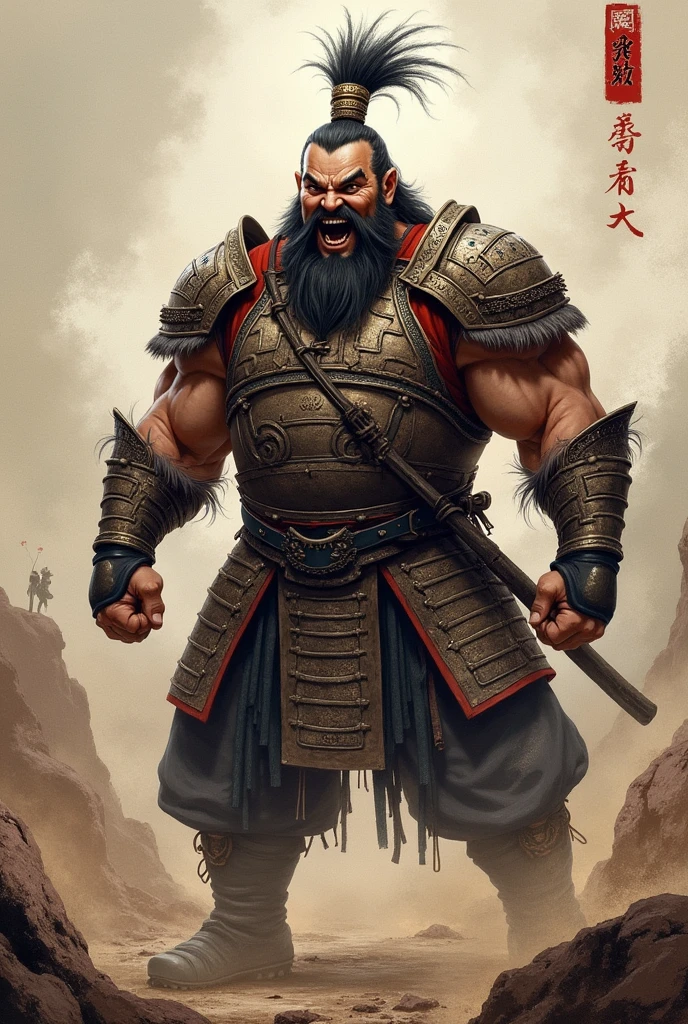Spring and Autumn Warring States Period,Three Kingdoms,ancient China,Military commander,Veteran General,Daruma-like face,Tiger-like whiskers,It is threatening with a loud voice with its mouth wide open.,A disadvantageous and adverse battlefield,Muscle々He has a big build and a lot of arm hair.,A noble decorated turban,Armor with broken shoulder pads,zhangfei,Dianwei,Xu Xu,Watercolor,Ink Painting