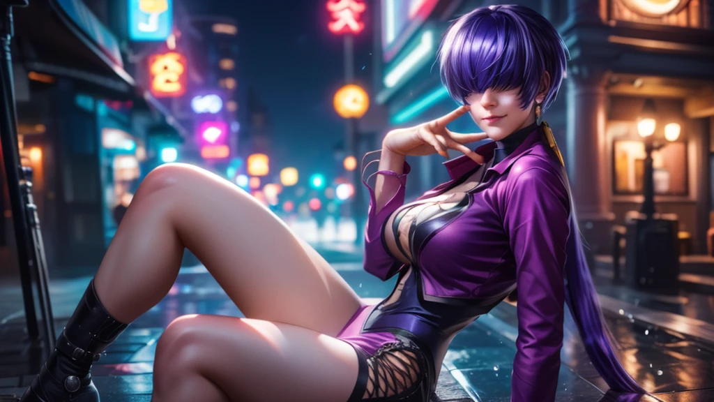 (at night), alone, in a video game scene, a background of a beautiful city during the day raining, standing at attention, purple hair, pink clothes ((purple hair)), 1 girl, alone, 20 years old, woman young, perfect and beautiful hands with perfect fingers, beautiful long legs, perfect legs, beautiful body, beautiful nose, beautiful character design, perfect face, looks at the viewer (focusing on the entire character), closed mouth, Light_Smile, official art, extremely detailed 8k CG wallpaper unit, perfect lighting, bright and colorful front lighting, glowing skin (masterpiece: 1.0), (best quality: 1.0), ultra high resolution, 4K, ultra detailed photography, 8K, HDR, high resolution, nonsense: 1.2, Kodak portra 400, film grain, blurred background, bokeh: 1.2, lens flare, (vibrant_color: 1.2), professional photography, (beautiful_face: 1.5), (narrow waist), {
