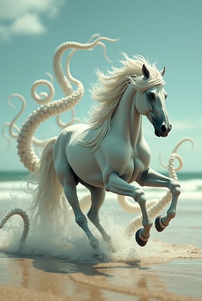 Horse-Octopus Hybrid: A surreal creature with the majestic body of a horse and the eight tentacles of an octopus. Its mane flows like water, and its tentacles stretch out gracefully as it gallops across a beach, leaving intricate patterns in the sand.