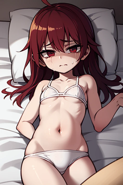 5 talents,,stain underwear,Flat chest,Flat chest,bed,Lift your legs,Lying on your back,Cry,White underwear,small,child,Leg spread,Sweat,Wet