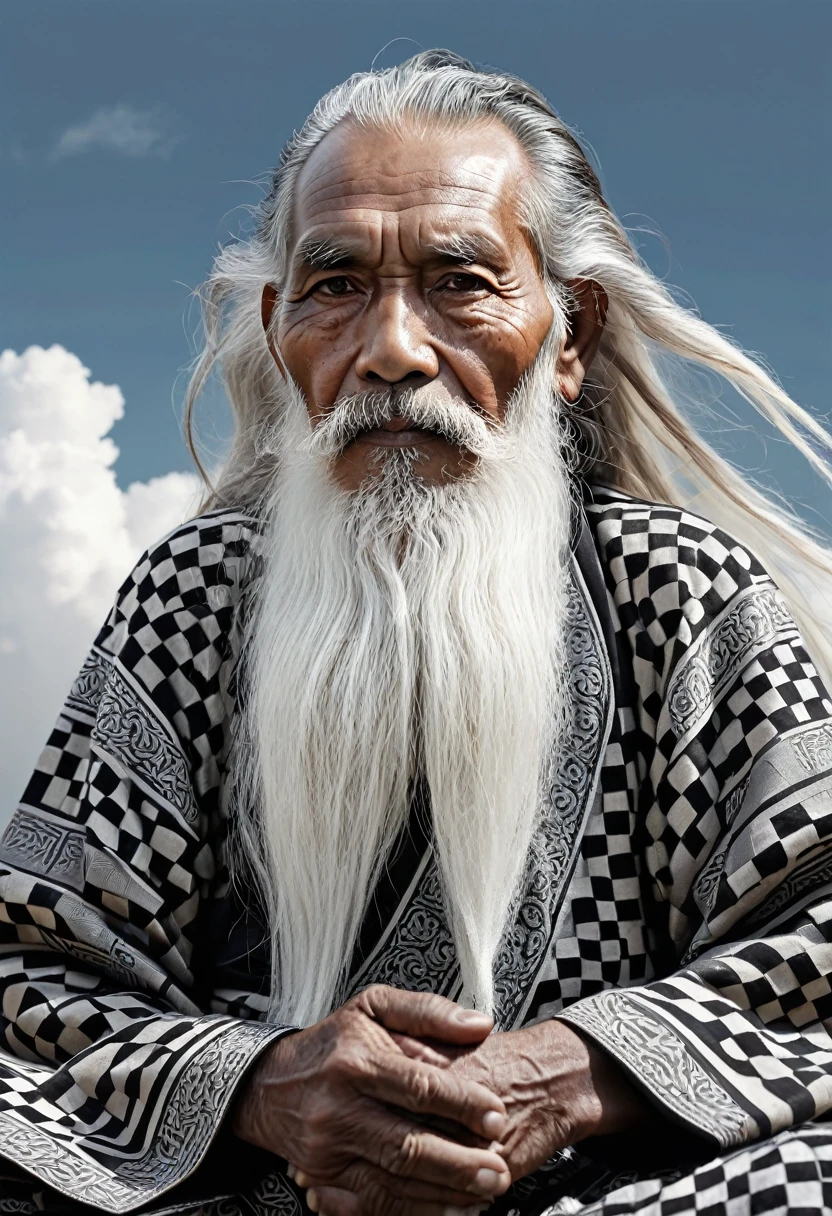 A very detailed hyper realistic illustration portrait depicting a stocky Javanese grandfather with long matted hair and a long white beard sitting on a sky. With a body wearing a black and white cloth with a chessboard pattern 