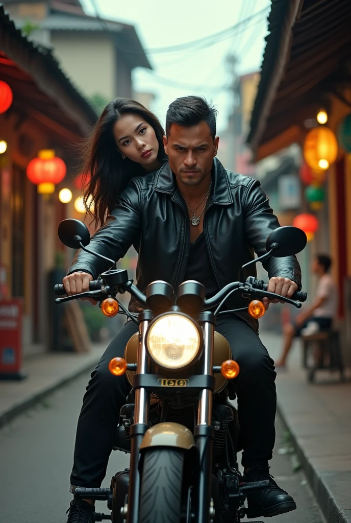 Thai Man in Black Jacket and Asian Woman on Motorcycle Model Shot with Sony A 7 III Yee Chong Silverfox Narrow Streets Tomb Raider Beautiful Nicholas Kalmakoff Best Photography of All Time Nomadic Lifestyle Tough Guy Man Need for Speed CRT Inspired Maud Naftel Thailand Racing Most Perfect Shot Most Balanced Body Chinatown Atmosphere
