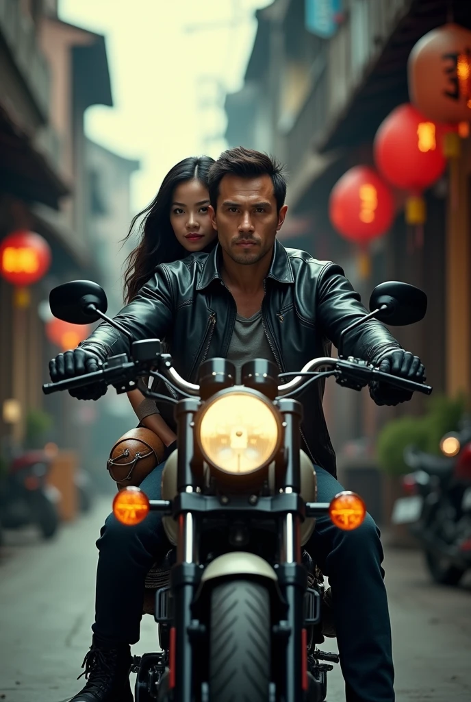 Thai Man in Black Jacket and Asian Woman on Motorcycle Model Shot with Sony A 7 III Yee Chong Silverfox Narrow Streets Tomb Raider Beautiful Nicholas Kalmakoff Best Photography of All Time Nomadic Lifestyle Tough Guy Man Need for Speed CRT Inspired Maud Naftel Thailand Racing Most Perfect Shot Most Balanced Body Chinatown Atmosphere