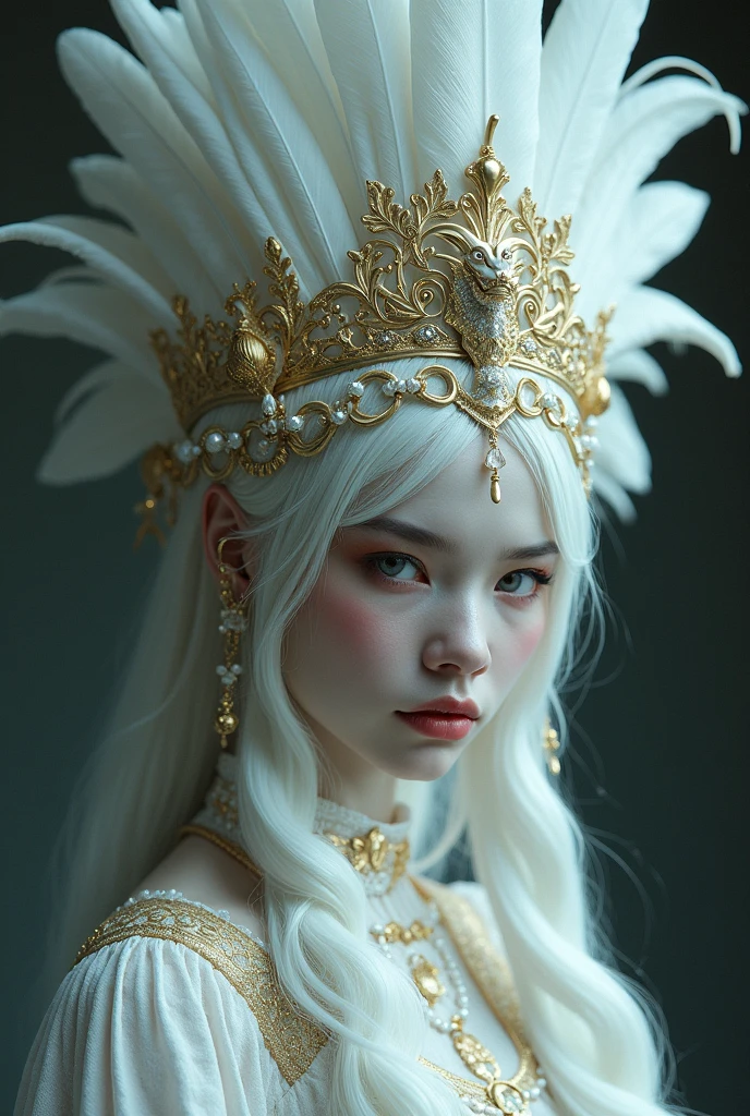 Drawing style like a dark fantasy, Bad-faced woman with small, slanted, almost red pink eyes but with totally albino white hair and eyelashes with skin as pale as snow, She wears a white mesh in the middle of her face that covers her face a little and a feather headdress on top of her hair., elegant white clothes like a duchess, clothes full of gold accessories. His expression is almost always arrogant.