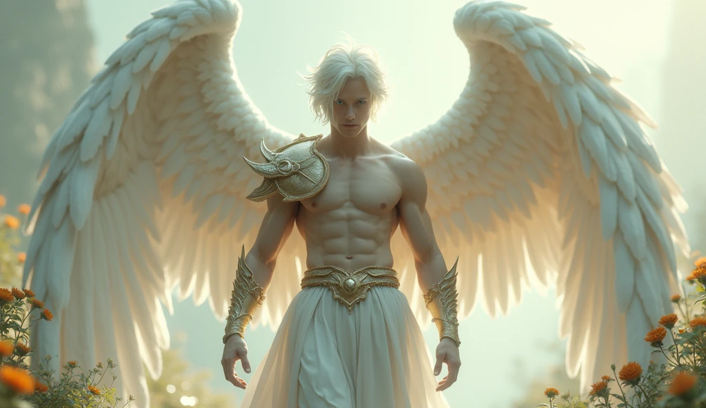 A gentle, white-winged male Asian feature albino angel (simple design) - Soft colors, with a subtle glow, white wavy 8" hair, white skin, light blue color eyes, most handsome masculine male angel, 11'0" tall, white and gold large wings, built-in gold armor on chest and arms, large muscular biceps, large thighs, chiseled ads, define jawline, pearl white lower garment, 32K UHD, masterpiece, best quality, style raw, walking through an enchanted garden of Eden. - Ethereal background, with a subtle texture, naked chest, lined with gold, Large white and Gold wings. the angel is a man, super handsome