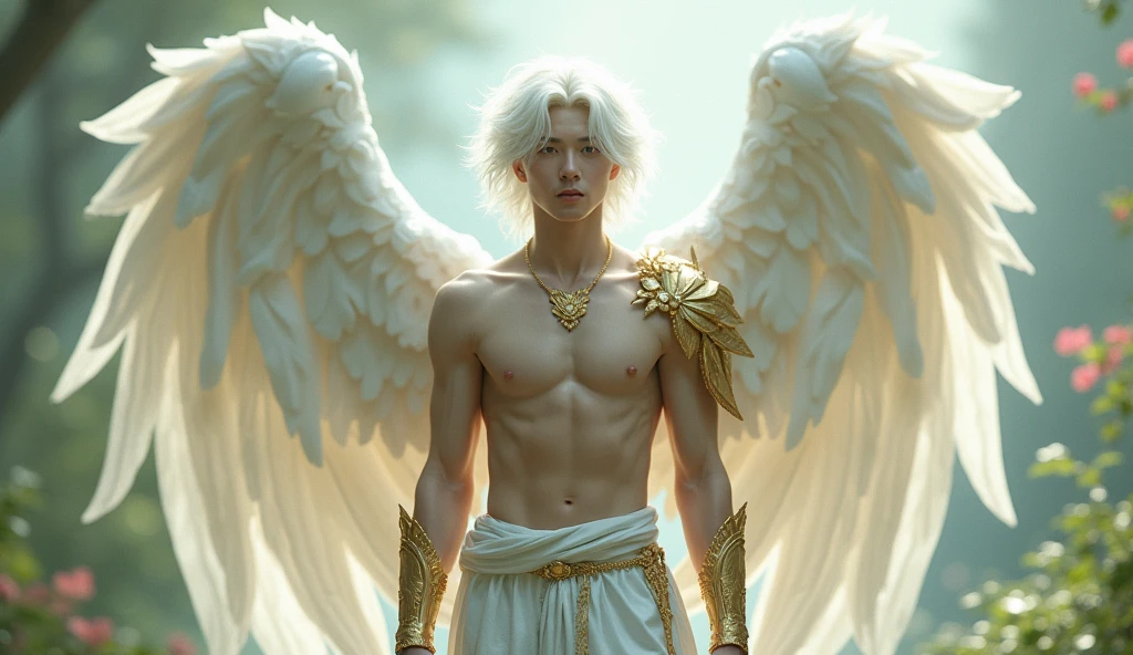A gentle, white-winged male Asian feature albino angel (simple design) - Soft colors, with a subtle glow, white wavy 8" hair, white skin, light blue color eyes, most handsome masculine male angel, 11'0" tall, white and gold large wings, built-in gold armor on chest and arms, large muscular biceps, large thighs, chiseled ads, define jawline, pearl white lower garment, 32K UHD, masterpiece, best quality, style raw, walking through an enchanted garden of Eden. - Ethereal background, with a subtle texture, naked chest, lined with gold, Large white and Gold wings. the angel is a man, super handsome