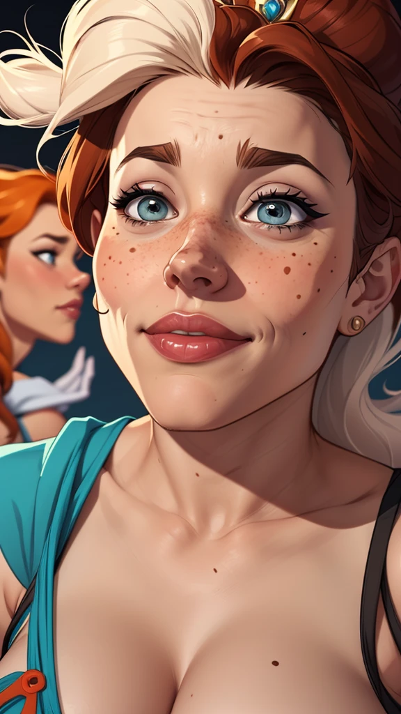 Beautiful GTA style pose in portrait mode Cartoon character in dynamic pose two women together with freckles on face Disney Princess Queen Anna of Arendelle with 1,60cm on the left and together with a symmetrical body and beautiful breasts, well-defined body, delicate and sensual, cartoon style, GTA style portrait mode digital illustration