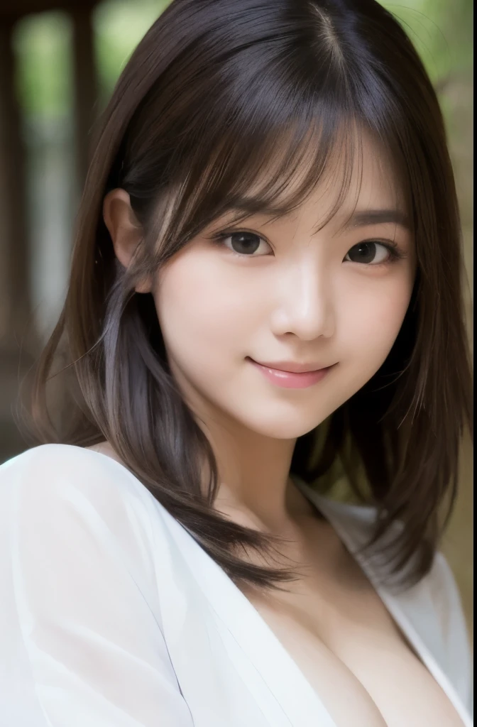 best quality, face focus, soft light, ultra high res, (photorealistic:1.4), RAW photo,(Shinozaki Ai), (fair skin), (kawaii),
1 Japanese girl, solo, cute, smile, (pupil, lights in the eyes),  detailed beautiful face, Medium-sized breasts,(high resolution detail of human skin texture),(long hair),(portrait), upper body, white traditional kimono