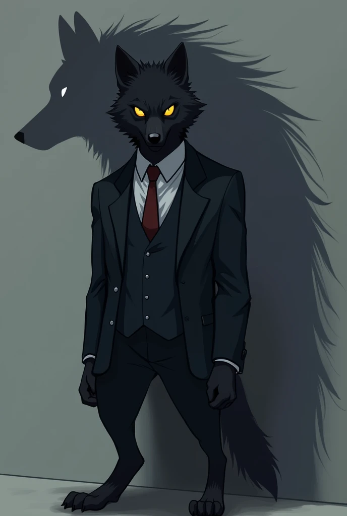 black furred wolf, yellow eyes, wearing formal suit controlling his shadow 2D anime style