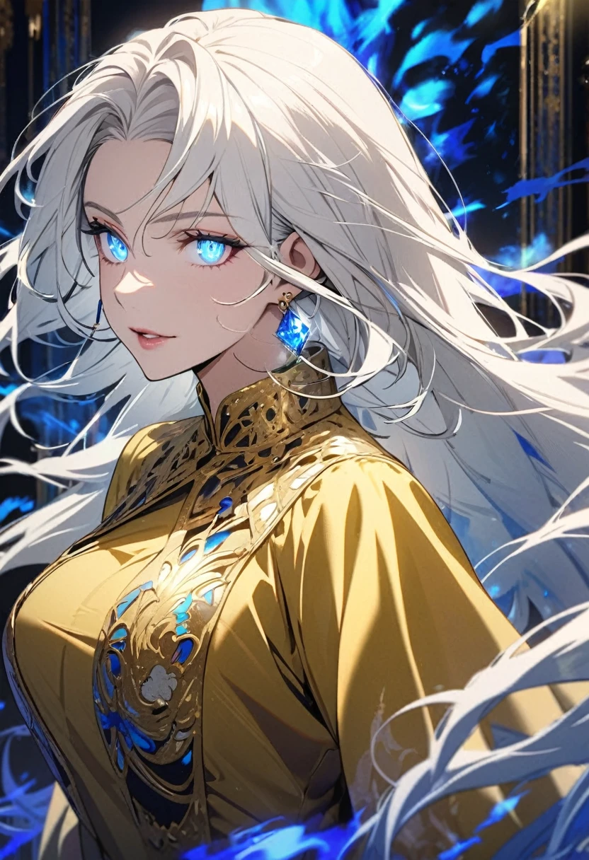 female, mature, white hair, long hair, blue eyes, diamond earrings, beautiful color, beautiful eyes, beautiful background, blue aura, glowing eyes, golden oufit