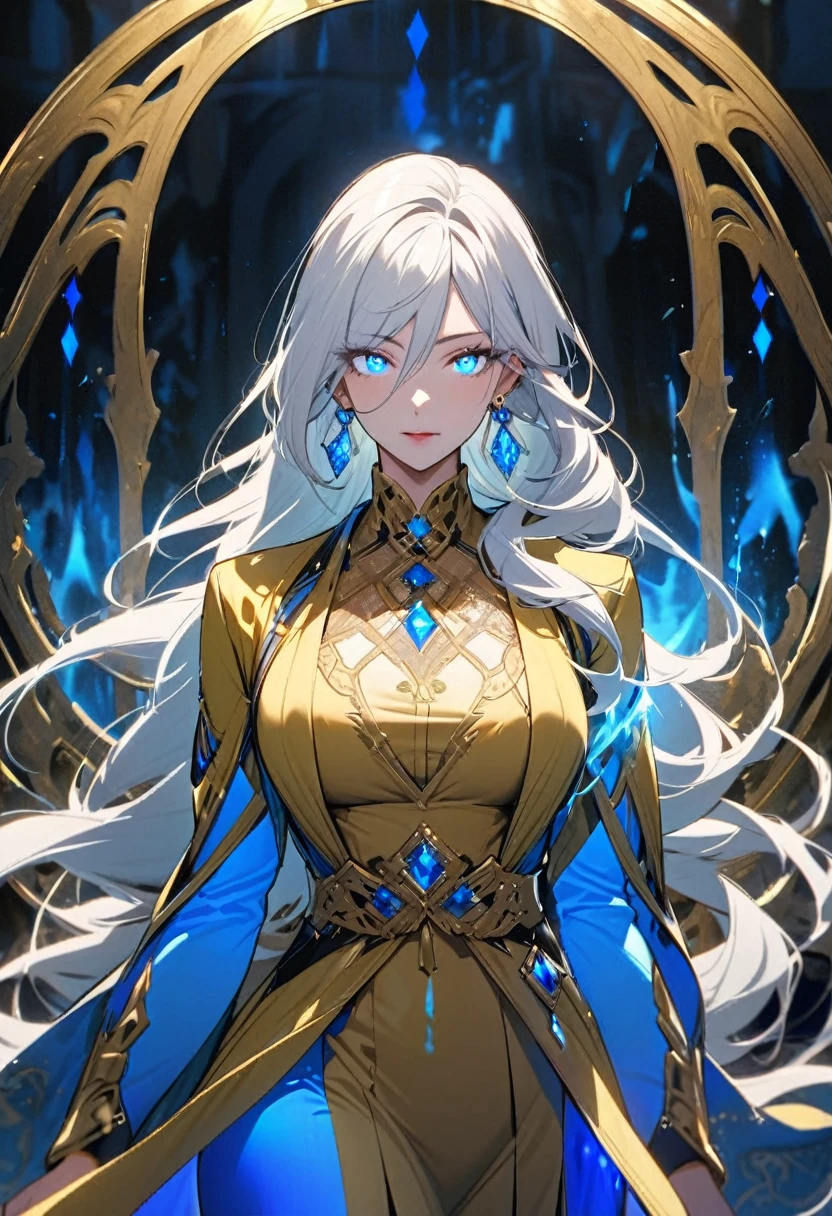 female, mature, white hair, long hair, blue eyes, diamond earrings, beautiful color, beautiful eyes, beautiful background, blue aura, glowing eyes, golden oufit