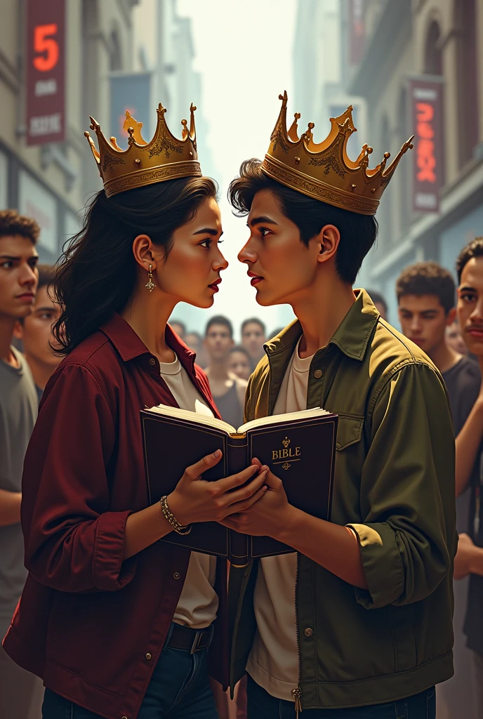 Modern young man hugging a bible to his chest and with a crown on his head being watched by evil young people in front of a modern young woman hugging a bible and with a crown on her head being watched by evil young people.