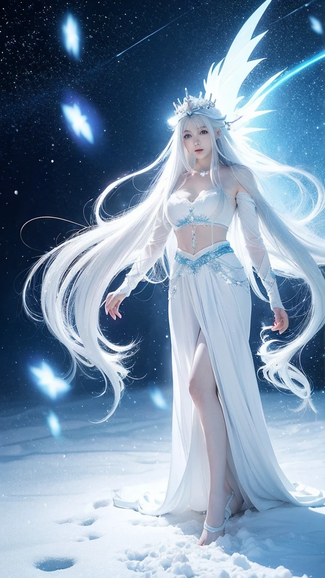 fullbody,Anime girl with long white hair and blue skirt in the snow, White-haired God, White hair floating in the air, Anime Fantasy Illustration, Flowing white hair, beautiful youth, Beautiful fantasy anime, shiny and flowing hair, Ethereal animation, Beautiful anime artwork, Beautiful digital artwork, anime fantasy artwork, ((beautiful fantasy queen)), 2. 5 d cgi anime fantasy artwork