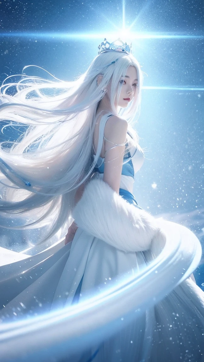 fullbody,Anime girl with long white hair and blue skirt in the snow, White-haired God, White hair floating in the air, Anime Fantasy Illustration, Flowing white hair, beautiful youth, Beautiful fantasy anime, shiny and flowing hair, Ethereal animation, Beautiful anime artwork, Beautiful digital artwork, anime fantasy artwork, ((beautiful fantasy queen)), 2. 5 d cgi anime fantasy artwork
