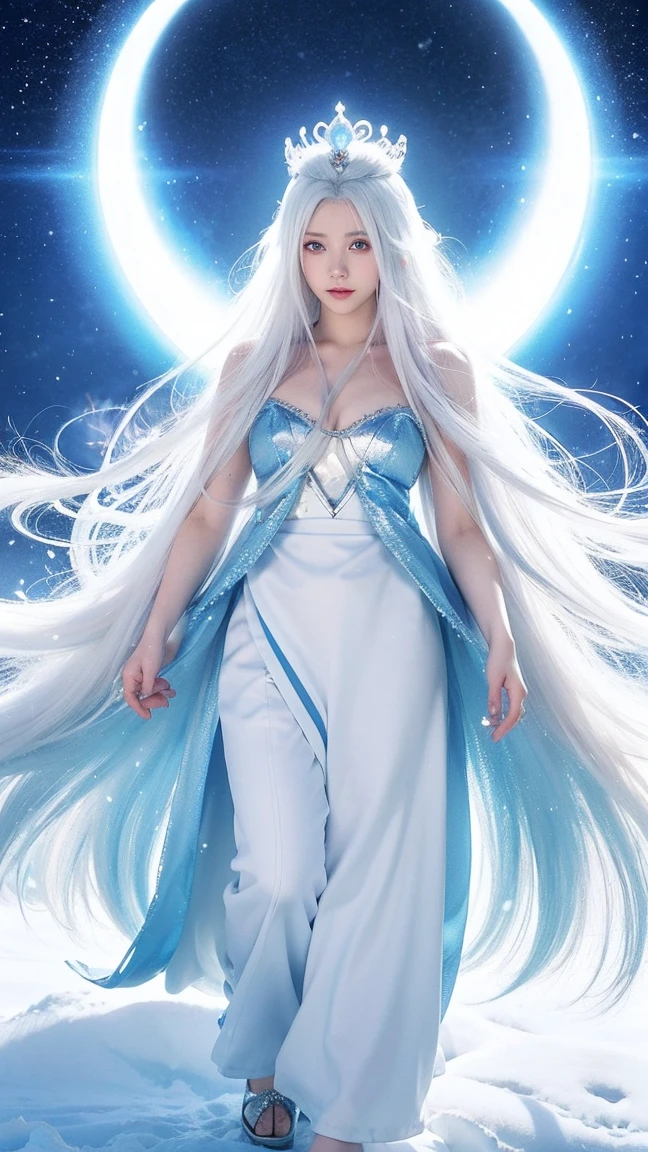 fullbody,Anime girl with long white hair and blue skirt in the snow, White-haired God, White hair floating in the air, Anime Fantasy Illustration, Flowing white hair, beautiful youth, Beautiful fantasy anime, shiny and flowing hair, Ethereal animation, Beautiful anime artwork, Beautiful digital artwork, anime fantasy artwork, ((beautiful fantasy queen)), 2. 5 d cgi anime fantasy artwork