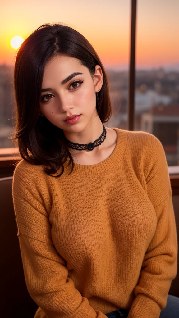 Superior quality, Masterpiece, ultra high resolution, photorealistic, 1 girl, off the shoulder, weave, SMILE, SMILE, slightly visible, Large size_sweater, soft lighting, detailed skin, hits, black fur, light eyes, short hair, transparency, Japan, Korean, beautiful woman, superior eyes, Lipgloss, Thick Black Choker, tears, mole on chest, Highlights on the eyes.