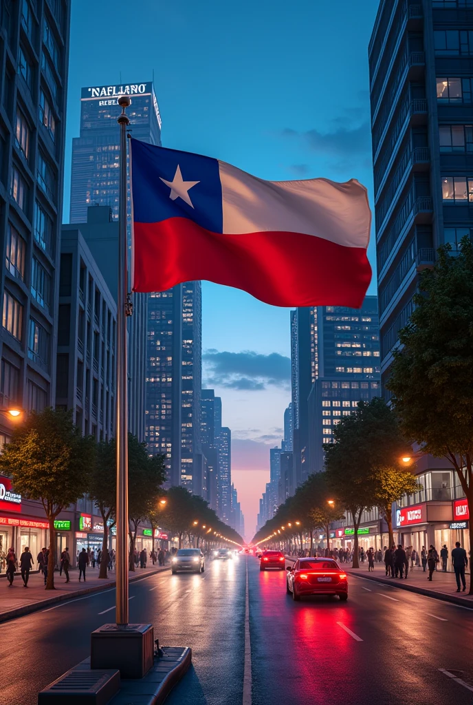 Modern city at night ,with the Chilean flag waving 