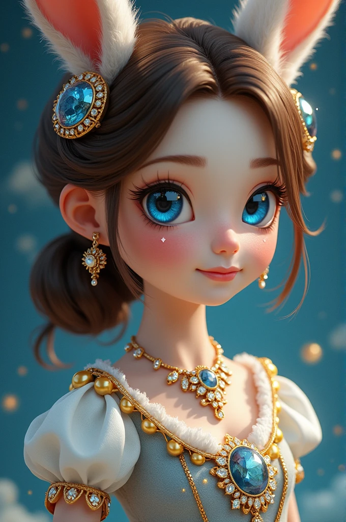 ((best quality)), ((masterpiece)) Fille style animé peau blanche cheveux brun détaché avec bout des cheveux bleus et ondulés, oreilles de lapin. Yeux bleus avec etoiles a six branches blanche dans chacuns des yeux. Tenue fantaisies sur le thème de l'astronomie. Bijoux en lune en or. Decoration étoilé sur le coté droit cheveux. 