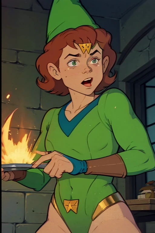 a redhead cartoon character, wonder woman outfit, green leotard, very muscular, male wizard, 1980s cartoon, animated episode still, Presto (((mad))), ((Wears a wizard hat))