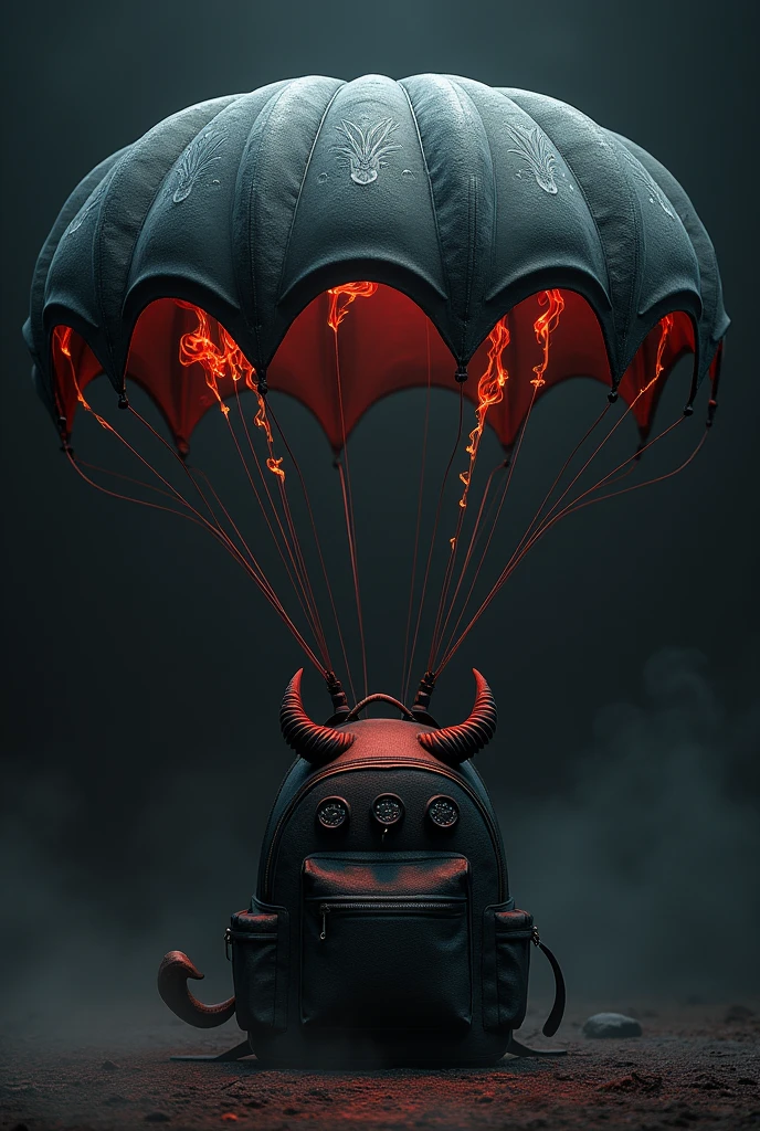 Black backpack with horns and a parachute that opens with demonic patterns and fire.