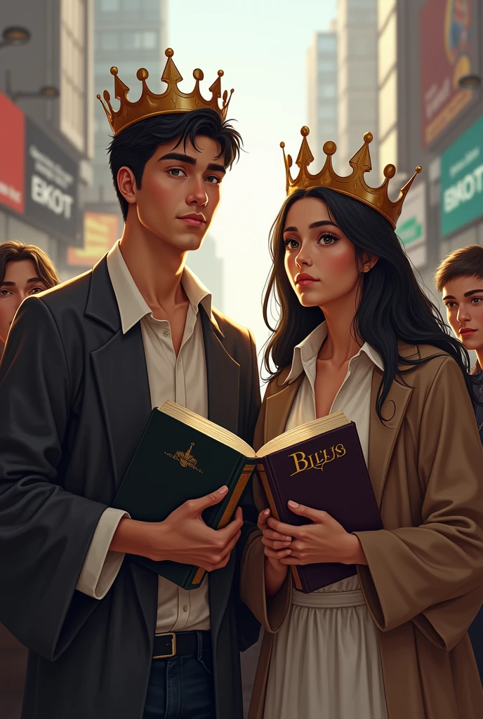 Modern young man hugging a bible to his chest and with a crown on his head being watched by evil young people in front of a modern young woman hugging a bible and with a crown on her head being watched by evil young people.