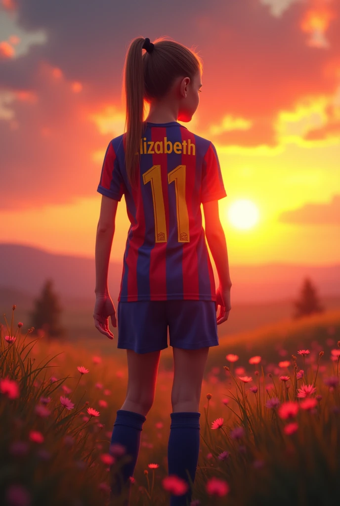 Girl with a Barca shirt that says Elizabeth with the number 11 at a sunrise 