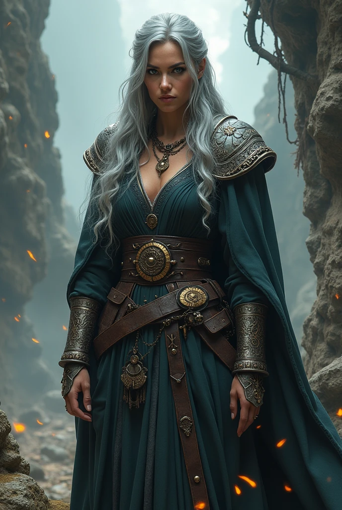 Imagine a warrior woman in magical medieval attire with gray hair and dark skin. 