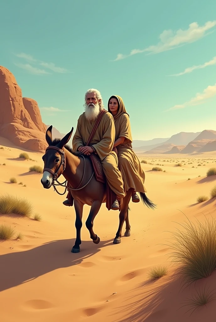 50-year-old Moses and his wife Zipporah are driven on a donkey through the desert