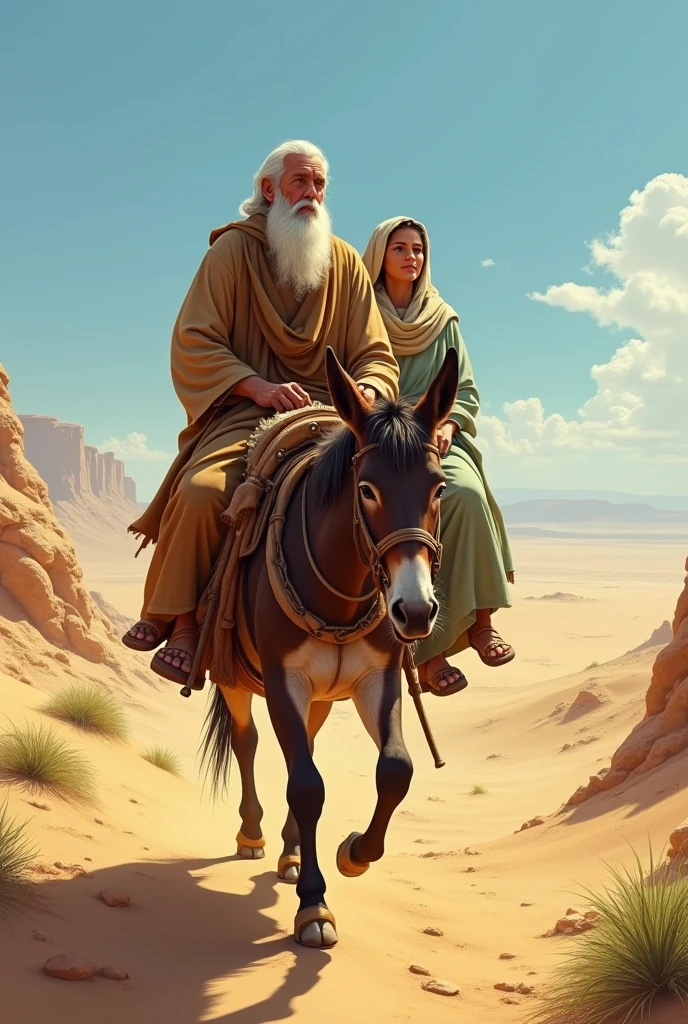 50-year-old Moses and his wife Zipporah are driven on a donkey through the desert 