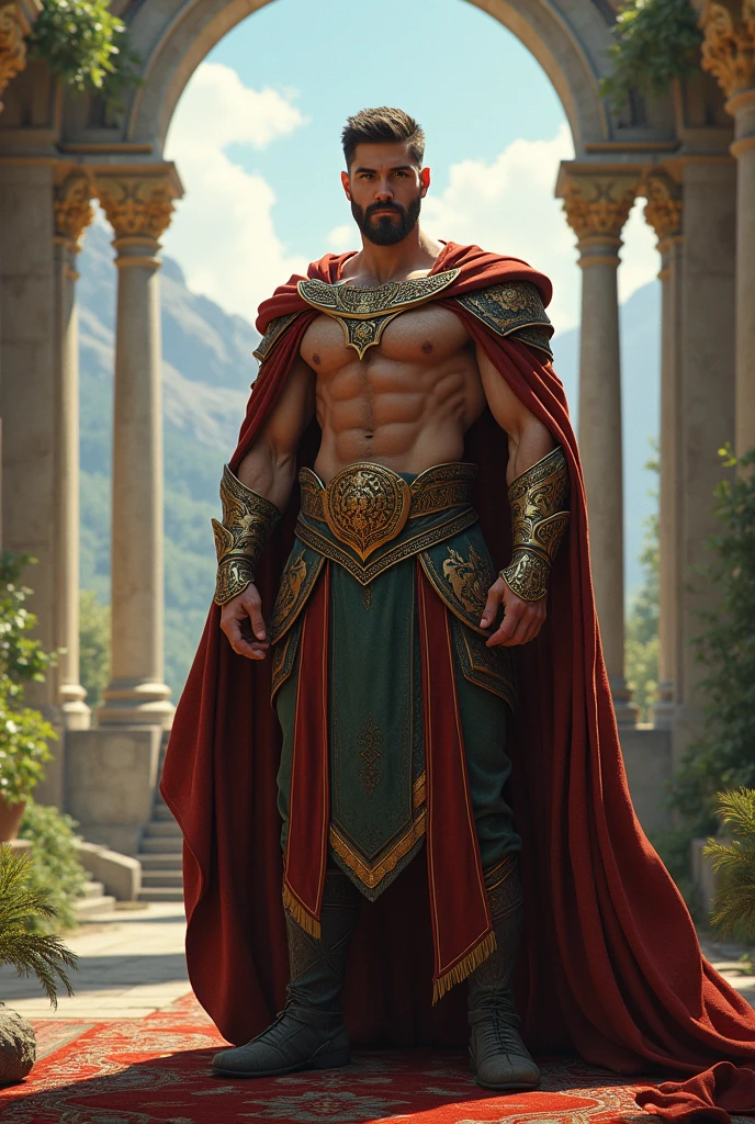 One king with innocent face and good body medium beard full hair ,height,six pack body with long cloths on his hands standing on his kingdom like a warrior