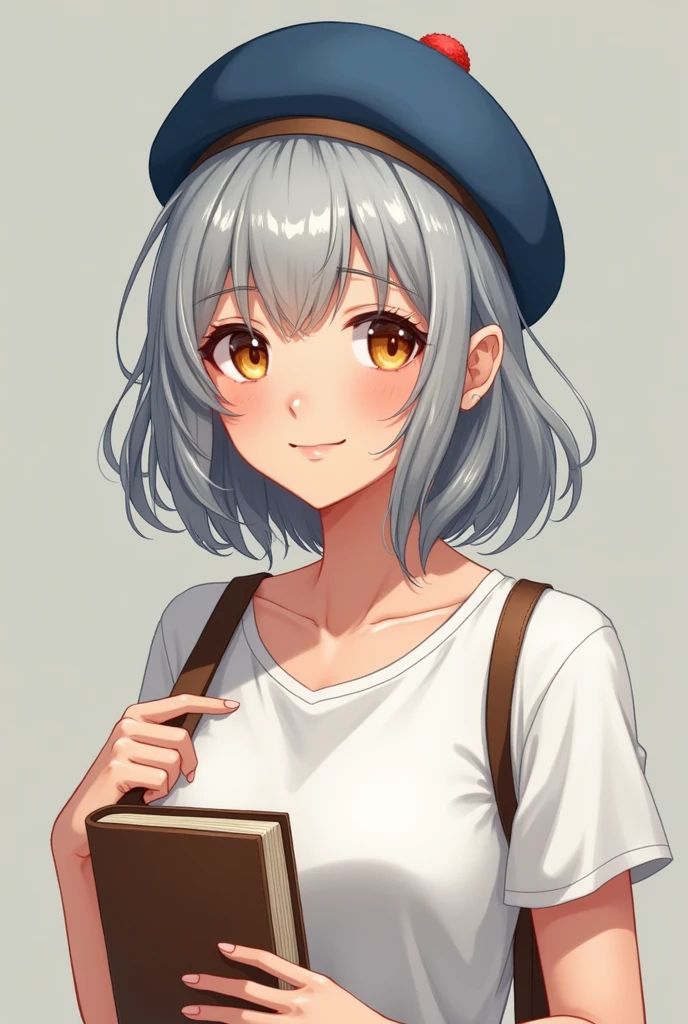  young smiling woman with amber eyes and gray hair with a blue beret on her head wearing a white t-shirt holding a book and with a bag strap around her body