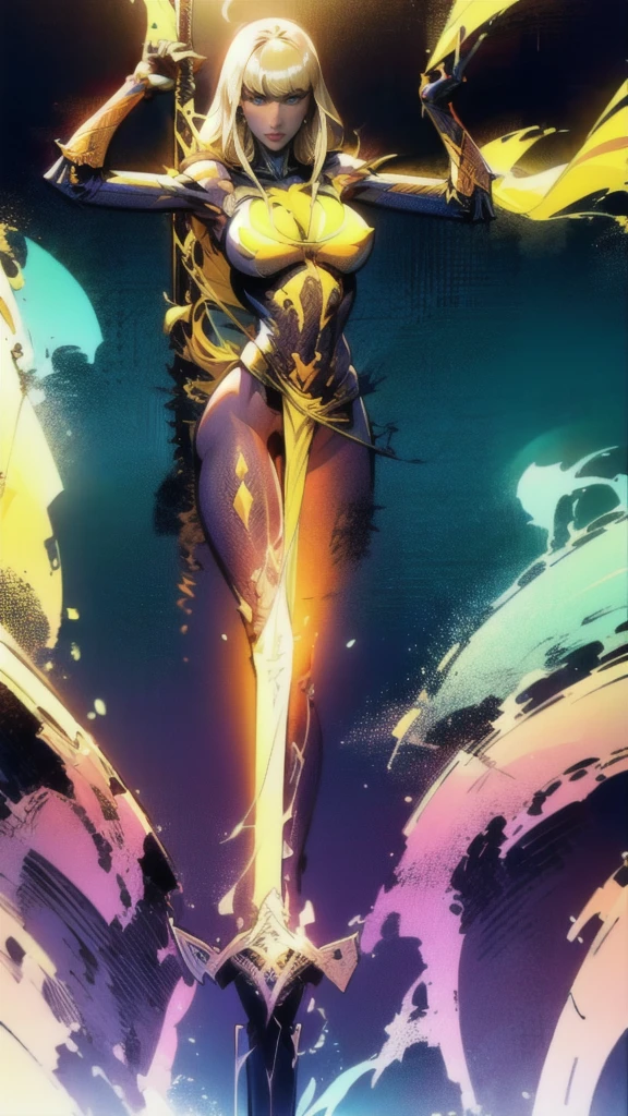 (full body portrait), Magik of X-men, Illyana Rasputin with long white hair, piercing blue eyes, wearing a low cut unitard with high cut legs, tight thigh high boots, holding a glowing magical sword, jumping with sword raised back behind head, huge overhead swing of sword, floating in a mystical realm with swirling energy, (best quality,8k,highres,masterpiece:1.2),ultra-detailed,realistic,photorealistic,photo-realistic:1.37,concept art,dark fantasy,digital painting, dramatic lighting, cinematic, intricate details,ethereal,otherworldly atmosphere, no bra, (torn clothes:1.3)