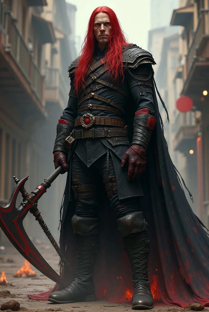 Morgan, the Crimson Red, stands at an imposing 1.92 meters tall, with long, fiery red hair cascading to his shoulders, reminiscent of Blade from Honkai Star Rail. His face is robust, exuding a calm and noble presence that reflects his dignified past.
Morgan wears a black military lieutenant uniform, which is tattered and worn due to his constant injuries from battle. The cape he dons has one sleeve intact and the other ripped, further symbolizing the trials he has faced. His attire is also adorned with bandages, used to cover his frequent wounds.
The Scarlet Blood Curse that afflicts him stems from a disastrous experiment involving a mystical creature’s essence, intended to create immortal soldiers. While many either perished or gained extraordinary abilities, Morgan was cursed with a rapid regeneration and a life-draining power linked to his weapon. This curse and his weapon, a halberd named Murmurius, have transformed him into a feared mercenary. Murmurius has become a living extension of his curse, echoing the bond similar to Rhaast for Kayn in League of Legends.
Morgan's appearance, with his tattered uniform, bandages, and the ever-present Murmurius, projects a blend of his tragic past and the dark, cursed warrior he has become. His presence is a haunting reminder of both his noble origins and the monstrous transformation inflicted upon him.
I would like it to be in a mature style, with the art in a fantasy and RPG style set in the Old West.