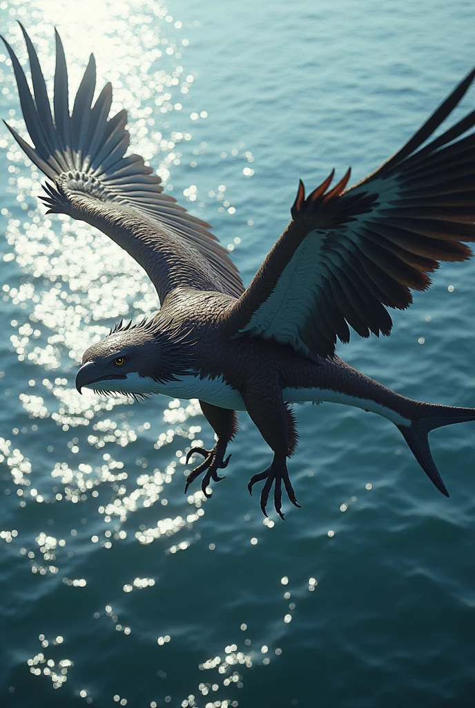 Eagle-Shark Hybrid: A fierce hybrid of an eagle and a shark, with the sharp eyes and talons of an eagle and the streamlined body and powerful tail of a shark. The creature soars above the ocean, its massive wings casting a shadow over the water as it searches for prey.