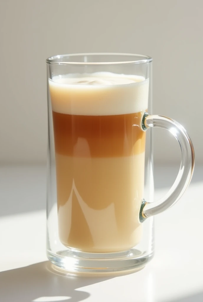 tea thin layer on top with  lot layer condensed milk on down, in transparent big mug,
