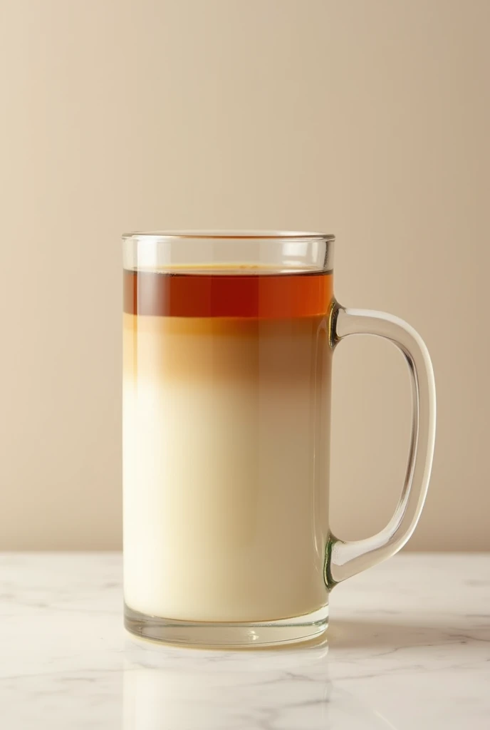 tea thin layer on top with lot layer condensed milk on down, in transparent big mug,