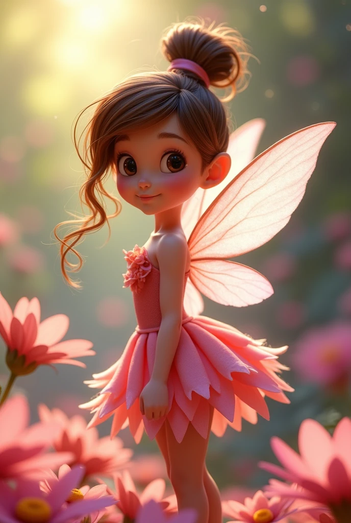 Image with the magic of Pixar, Tinkerbell's Friend Rosette, a white fairy with brown hair, half of her hair tied up and half of her hair loose, dress made of a pink flower and transparent wings