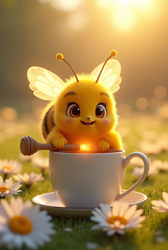 Bee holding a stick of honey over a large mug of tea in a field of daisies, digital art, shutterstock, adorable glowing creature, trending on artstation.', beautiful light big eyes, cute smile, v ray, cute and adorable, cutest fluffy weirdo ever --ar 3:5