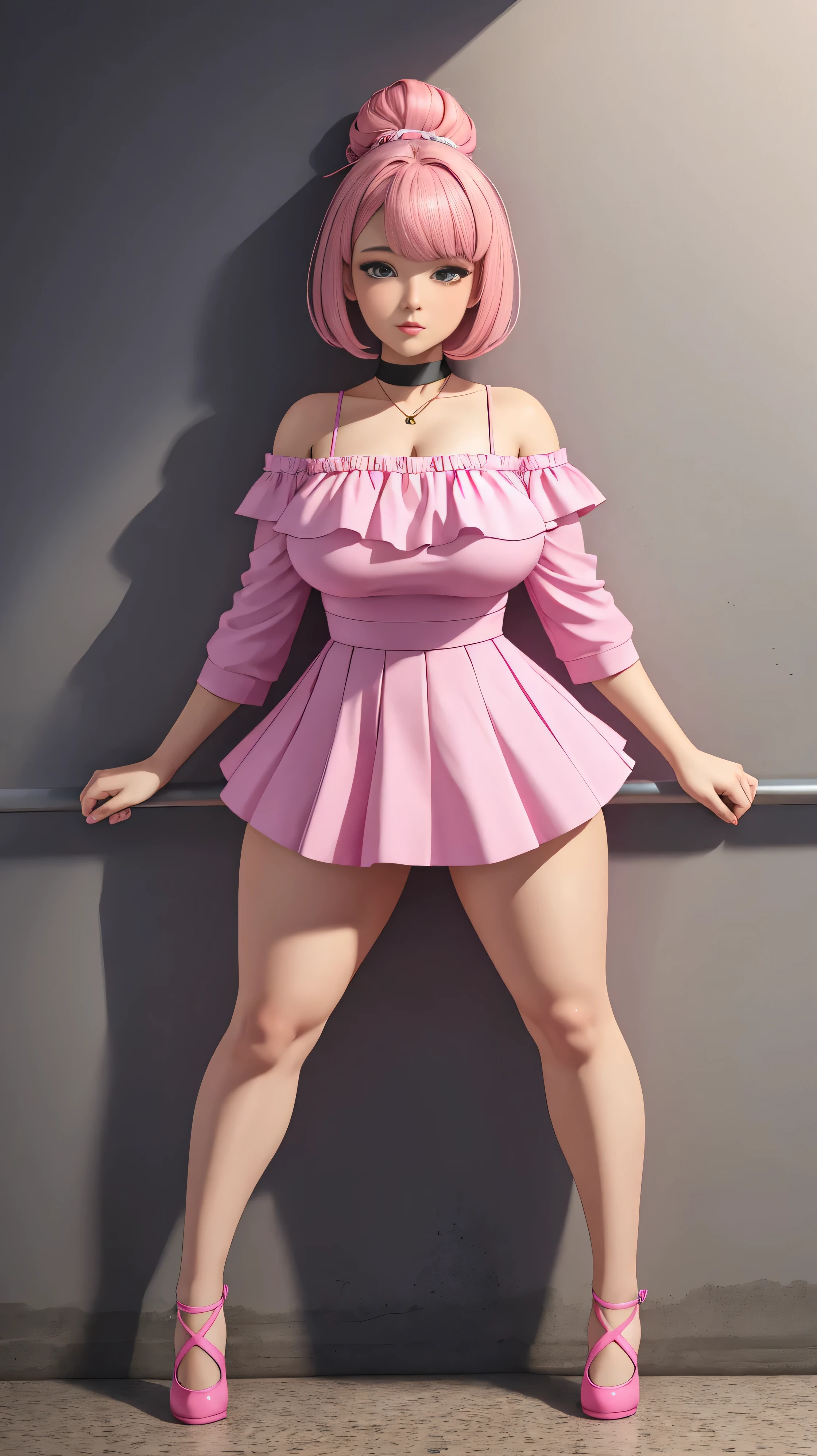 Beautiful girl in pink frilly top, Skirted Bottoms, Hairstyle Pixie Cut, eyeliner, Curvy, Surreal, Ultra Detail Ultra_Detailed 8K resolution photos, Her figure is visible through the dress., Standing Pose with Cross Legs, Leaning against a wall, Solo Girl in the Underground 
