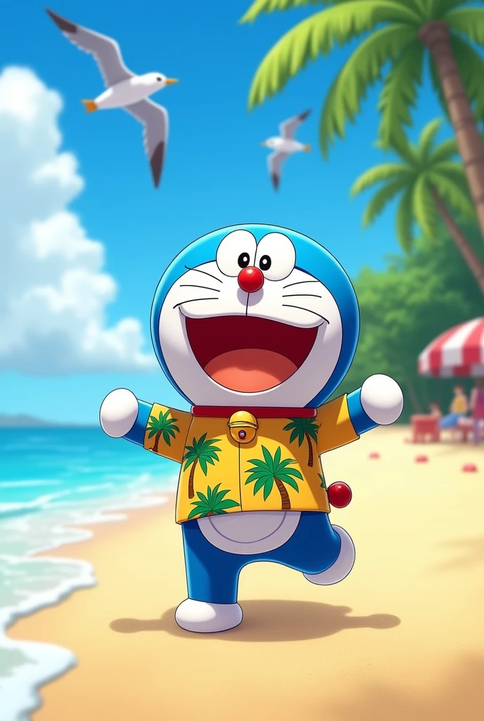 draw doraemon wearing coconut tree shirt going to the beach
