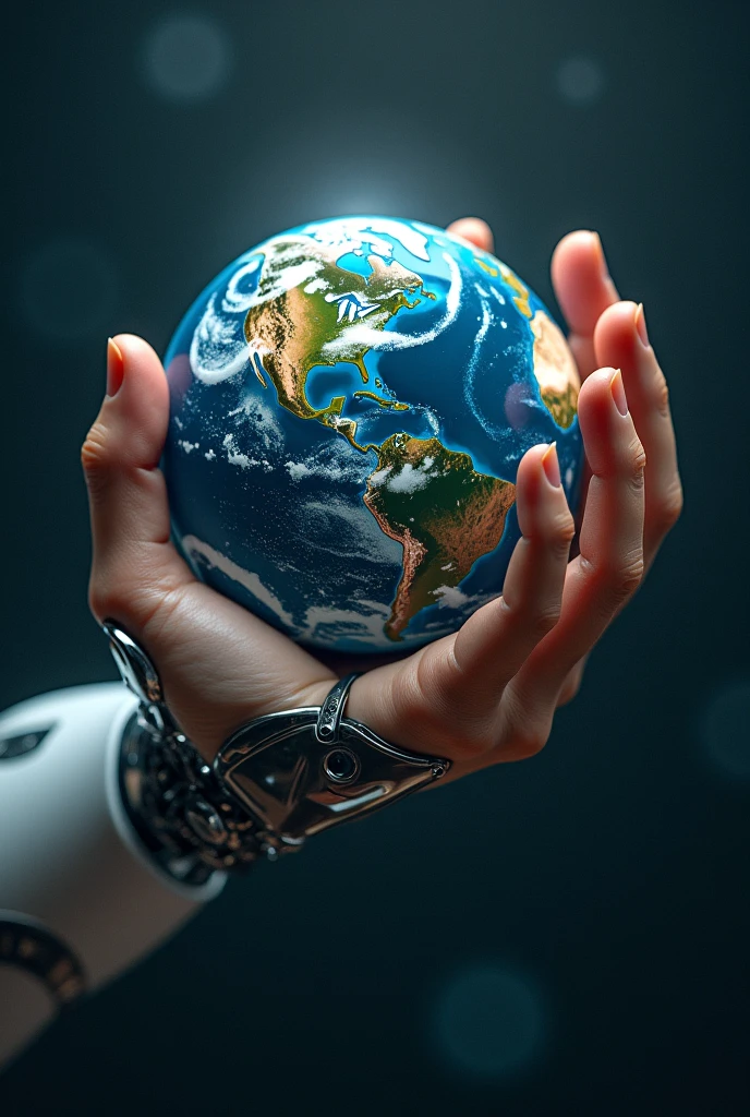 Create a drawing where a robotic hand and a human hand hold the planet Earth