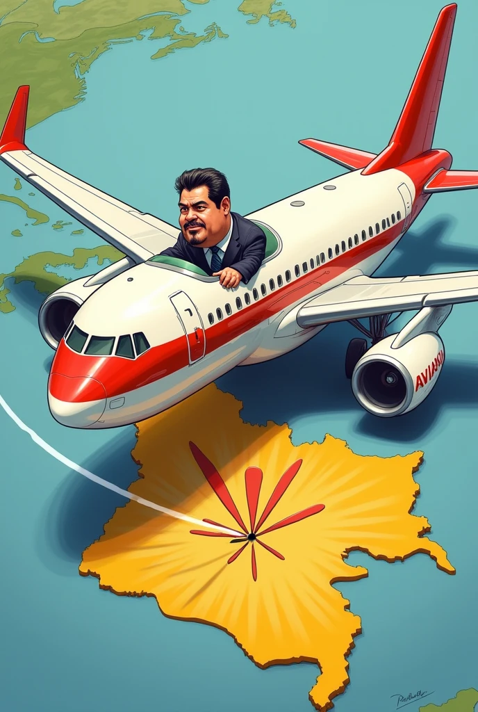 Cartoon of a white and red Avianca plane driven by Nicolas Maduro spraying gasoline on the map of Colombia