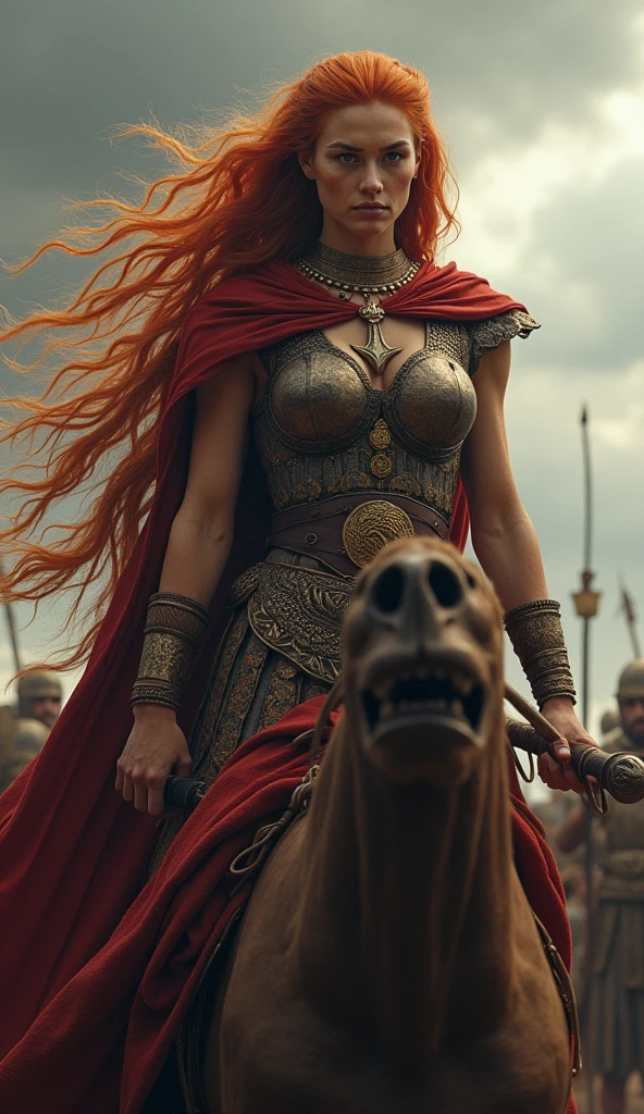 Create an ultra-realistic image of Boudica, the fierce queen of the Iceni tribe, leading her people into battle against the Roman Empire. Boudica is depicted as a powerful, imposing figure with a strong, athletic build. Her long, fiery red hair flows wildly around her, symbolizing her indomitable spirit. Her face is a mix of determination and righteous fury, with piercing eyes that reflect her resolve.

She is dressed in traditional Celtic warrior attire, including a flowing, intricately patterned cloak and a metal torque around her neck. Her clothing is adorned with symbols of her tribe, emphasizing her status as a leader. She stands atop a chariot, gripping a spear or sword, ready to lead her warriors into the fray. The background shows the battlefield, with Roman soldiers in the distance and the wild, rugged landscape of ancient Britain under a stormy sky, capturing the intensity and drama of the moment. The overall scene exudes power, defiance, and the unyielding spirit of Boudica as she stands against the might of Rome