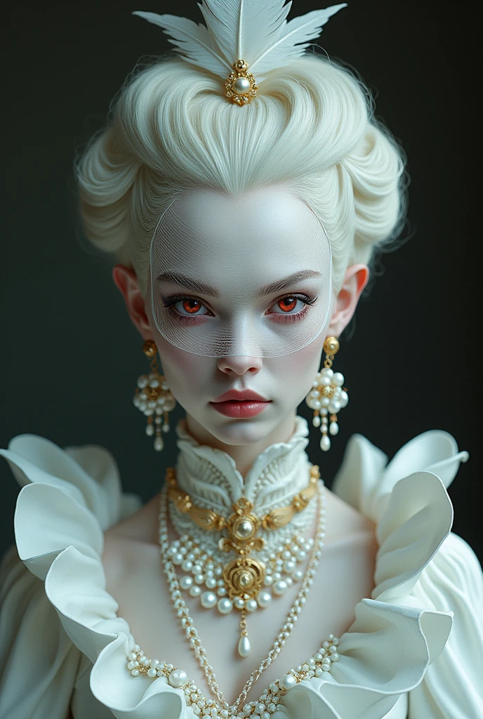 Drawing style like a dark fantasy, Bad-faced woman with small, slanted, almost red pink eyes but with totally albino white hair and eyelashes with skin as pale as snow, She wears a white mesh in the middle of her face that covers her face a little and a small feather headdress on top of her hair., elegant white clothes like a duchess, clothes full of gold accessories. His expression is almost always arrogant.