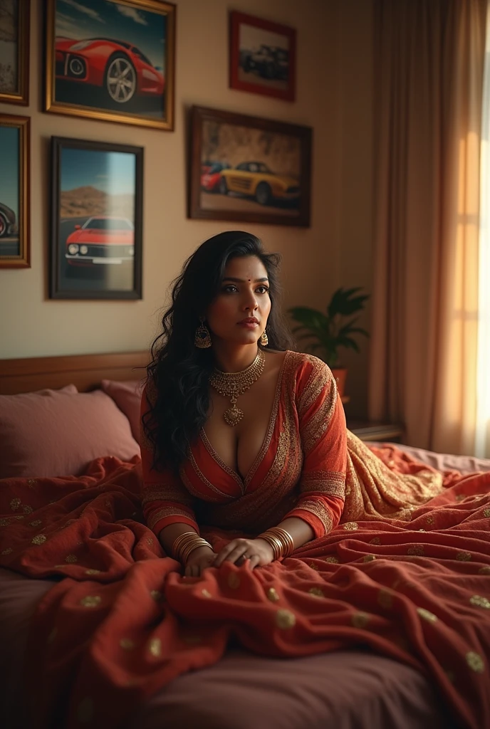 A bedroom with car posters on wall
With a real Indian bhabhi lying on bed
