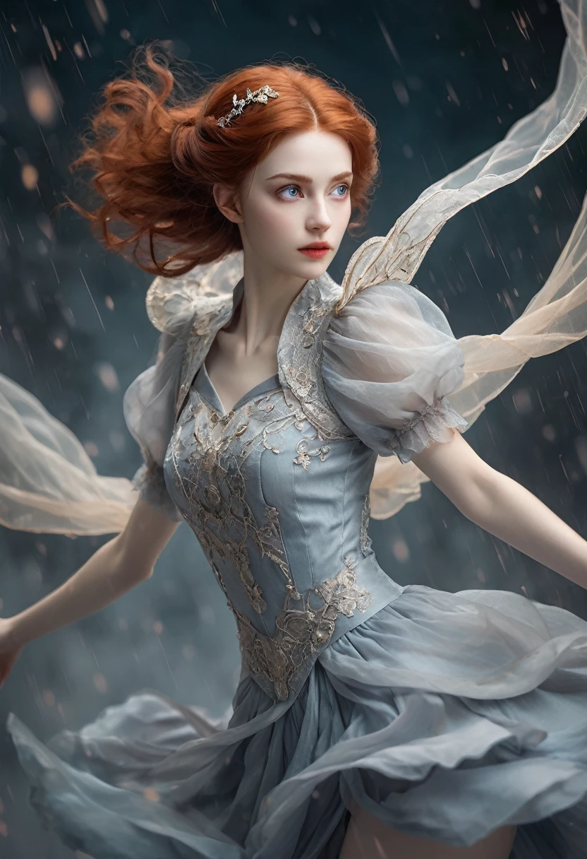 very young vampire princess,, breathtakingly beautiful, deep blue eyes, Red hair,(best qualityer,4K,8k,high resolution,work of art:1.2),ultra detali,(realisitic,photorealisitic,photo-realisitic:1.37, raw quality),softly glowing pale skin,pure blood,porcelain complexion,elegant and refined features,funny posture,dark and mysterious atmosphere,gothic fashion,black flowing lace dress,touch of red in your clothes,delicate silver jewelry with ruby details,subtle smile, but captivating,slightly pointed canines,translucent wings that resemble bat wings,subtle shimmering effect on their wings,gardens full of blooming blood roses,bright red petals contrasting with the darkness,enchanting moonlit night,dark and eerily beautiful castle in the background,splashes of moonlight illuminating its ethereal beauty,dark shadows and dramatic lighting,icy gaze that freezes the heart of anyone who dares to look at her,air of authority and power,symbol of danger and fascination,night sky filled with swirling mist and twinkling stars,subtle color palette with deep blue tones,purple,and black,soft lighting with soft moonlight casting an ethereal glow,vibrant and elegant style,with a touch of darkness and mystery,portraits,fancy,horor,cementary
